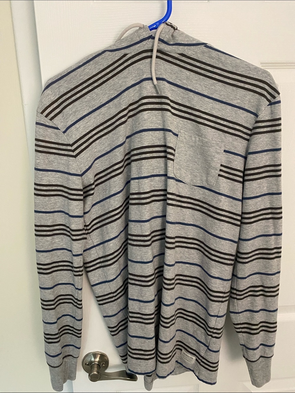 Quiksilver Gray Medium Men's Striped Pullover Hoodie with Blue Accents